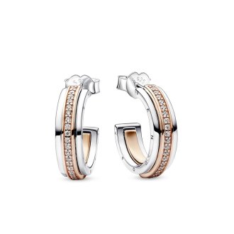 Pandora logo sterling silver and 14k rose gold-plated hoop earrings with clear cubic zirconia