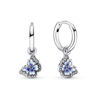 Butterfly sterling silver hoop earrings with clear cubic zirconia, shaded blue and white enamel