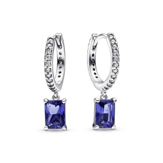 Sterling silver hoop earrings with princess blue crystal and clear cubic zirconia