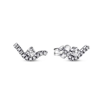 Wave sterling silver stud earrings with clear cubic zirconia