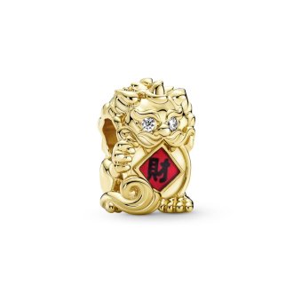 Chinese pixiu 14k gold-plated charm with clear cubic zirconia, black and transparent red enamel