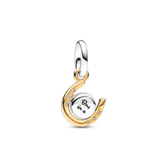 Spinnable horseshoe sterling silver and 14k gold-plated dangle with clear cubic zirconia