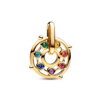 Chakra wheel 14k gold-plated medallion with red cubic zirconia, royal green, sunrise yellow, icy green, stellar blue, royal purple and burnt