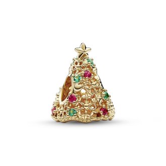 Christmas tree 14k gold-plated charm with aqua green crystal and red cubic zirconia