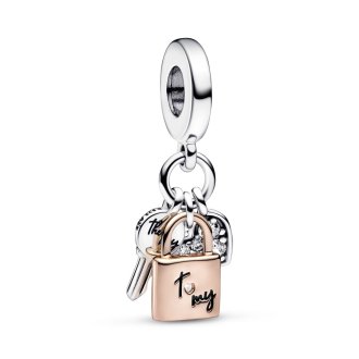 Padlock, key and heart sterling silver and 14k rose gold-plated dangle with clear cubic zirconia and black enamel