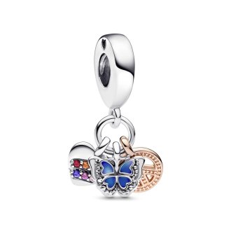 Butterfly heart peace sterling silver and 14k rose gold-plated dangle with multi colored crystal, pink and clear CZ, blue enamel