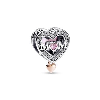 Mum heart sterling silver and 14k rose gold-plated charm with clear, fancy fairy tale pink and pink  cubic zirconia