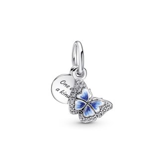 Butterfly sterling silver dangle with clear cubic zirconia, shaded blue and white enamel