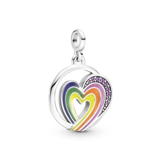 Rainbow heart sterling silver medallion with royal purple crystal, blue, green, yellow, orange and purple enamel