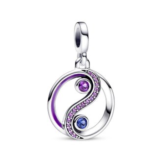 Yin and Yang sterling silver medallion with stellar blue and royal purple crystal and purple enamel