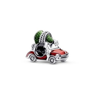 Car and Christmas tree sterling silver charm with transparent glossy red and translucent green enamel