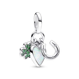 Clover, heart and horseshoe sterling silver dangle with clear cubic zirconia, royal green crystal and white lab-created opal