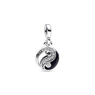 Yin Yang sterling silver mini dangle with clear cubic zirconia, black crystal and black enamel