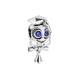 Graduation owl sterling silver charm with stellar blue crystal