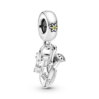 Watering can and trowel sterling silver dangle with blazing yellow crystal and clear cubic zirconia