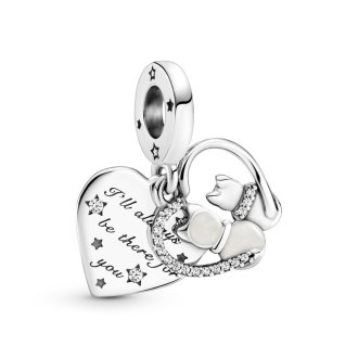 Cats and heart sterling silver dangle with clear cubic zirconia and shimmering silver enamel