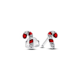 Candy cane sterling silver stud earrings with clear cubic zirconia and red enamel