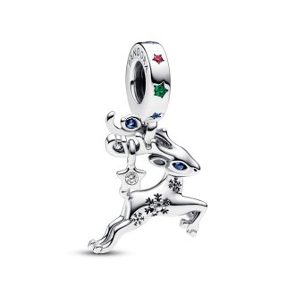 Magic reindeer sterling silver dangle with stellar blue and royal green crystal, red and clear cubic zirconia