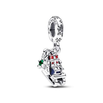 Christmas sleigh sterling silver dangle with royal green crystal, glittery blue and red enamel