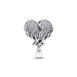 Angel wing heart sterling silver charm with clear cubic zirconia and white lab-created opal