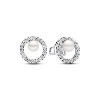 Sterling silver stud earrings with white treated freshwater cultured pearl and clear cubic zirconia