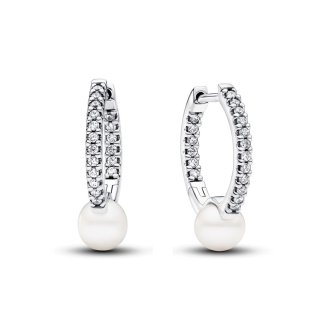 Sterling silver hoop earrings with clear cubic zirconia and white treated freshwater cultured pearl