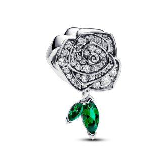 Rose sterling silver charm with clear cubic zirconia and royal green crystal