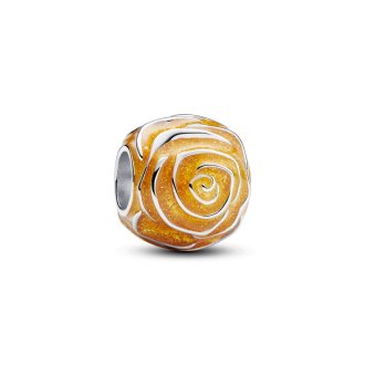 Yellow rose sterling silver charm with transparent glittery yellow enamel