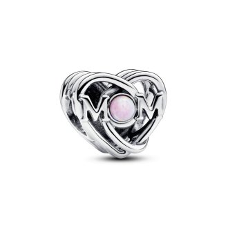 Mom heart sterling silver charm with pink lab-created opal