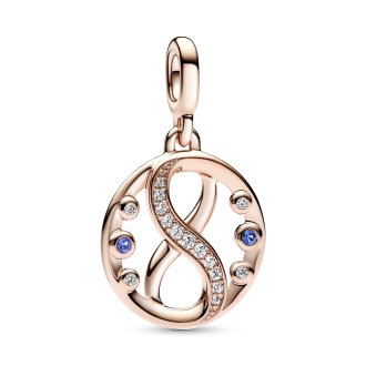 Infinity 14k rose gold-plated medallion with clear cubic zirconia and stellar blue crystal