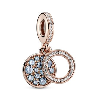 Circle and disc 14k rose gold-plated dangle with icy blue and bleached aqua blue crystal and clear cubic zirconia