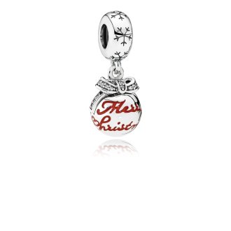 Christmas ornament silver dangle with clear cubic zirconia and red enamel