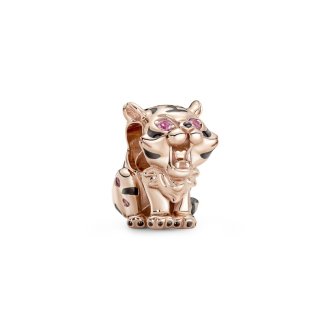 Chinese tiger 14k rose gold-plated charm with phlox pink crystal and black enamel