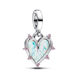 Hearts sterling silver double dangle with pink lab-created opal and fancy fairy tale pink cubic zirconia