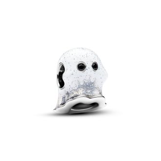 Ghost sterling silver charm with black crystal and shimmering white glow in the dark enamel