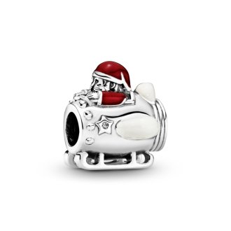 Santa in spaceship silver charm with red, silver enamel and clear cubic zirconia