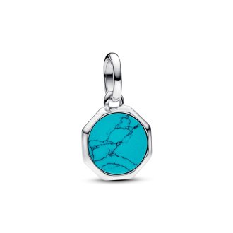 Engravable octagonal sterling silver mini medallion with man-made imitation of turquoise