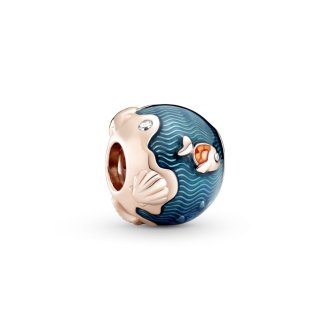 Fish and ocean 14k rose gold-plated charm with clear cubic zirconia and orange, blue enamel