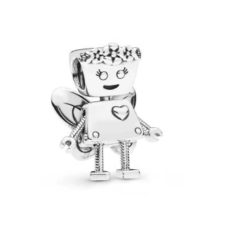 Robot girl with flowers and wings silver charm