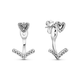 Heart sterling silver stud earrings with detachable wishbone earring jackets and clear cubic zirconia