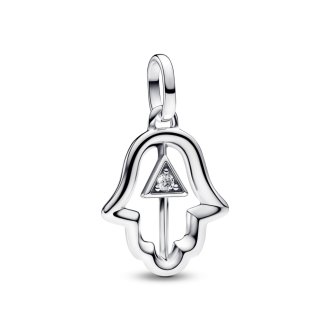 Hamsa hand sterling silver medallion with clear cubic zirconia