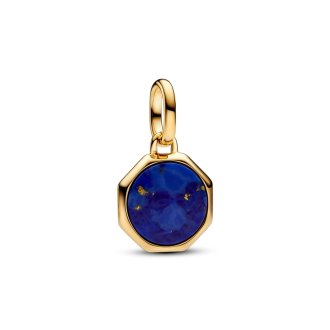 Engravable octagonal 14k gold-plated mini medallion with man-made imitation of lapis lazuli