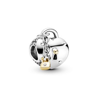 Heart padlock sterling silver and 14k charm with clear cubic zirconia