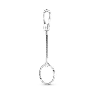 Sterling silver bag charm holder with long snake chain and medium Pandora O pendant