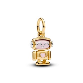 Robot sterling silver and 14k gold-plated dangle with shimmering pink enamel